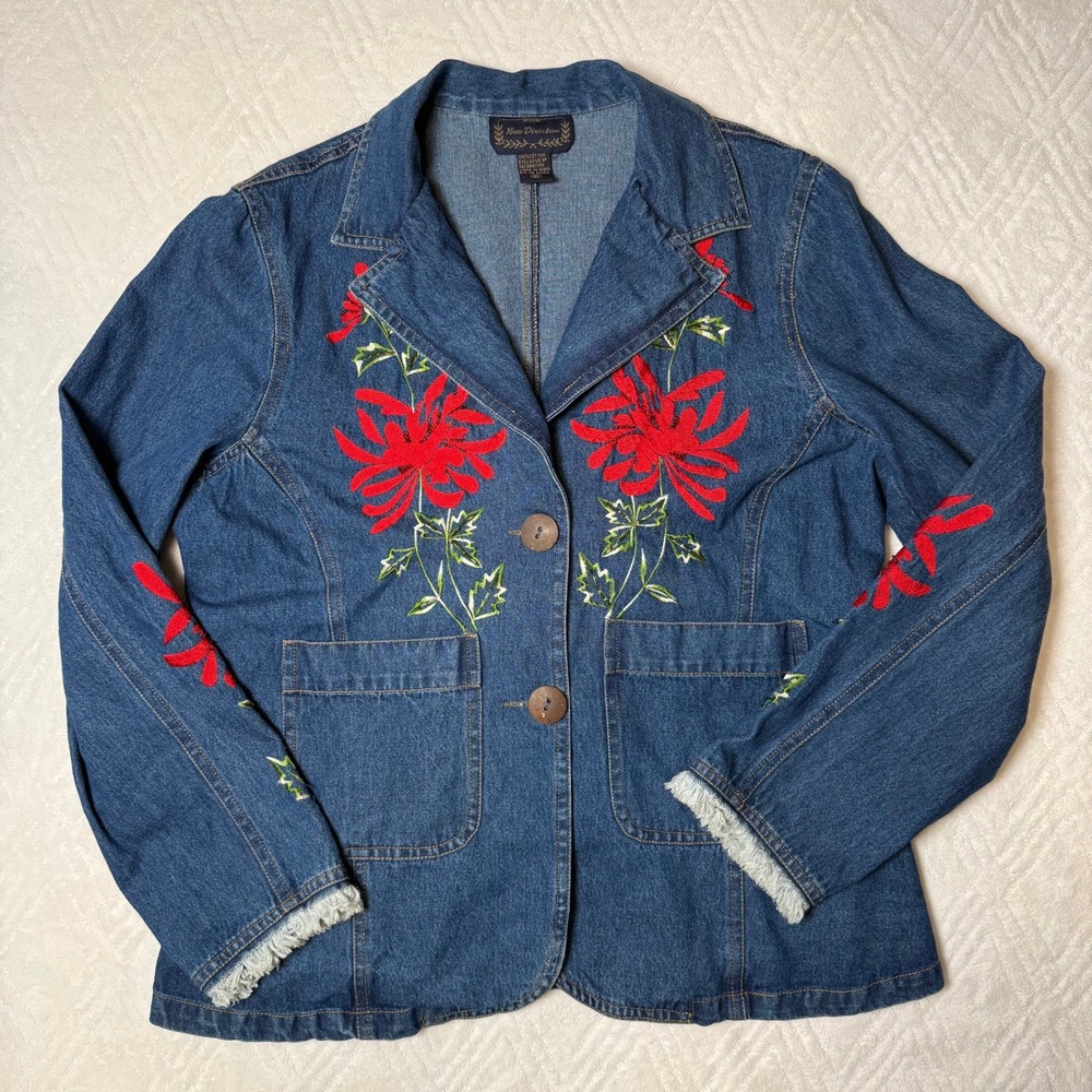 Boho Floral New Directions Denim Blazer XL Embroidered Fringe Cuff Jacket